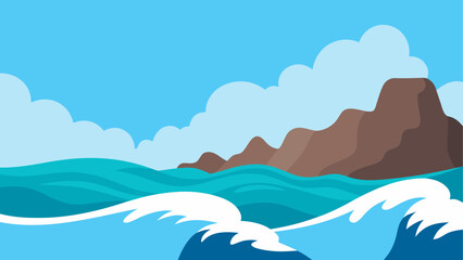 Cartoon seascape with waves and mountains