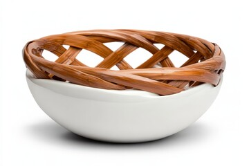 Elegant White Bowl with Intricate Woven Bamboo Rim for Serving and Display in Kitchen and Dining Settings