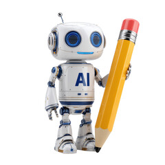 Naklejka premium Friendly AI Robot Holding Pencil on Transparent Background