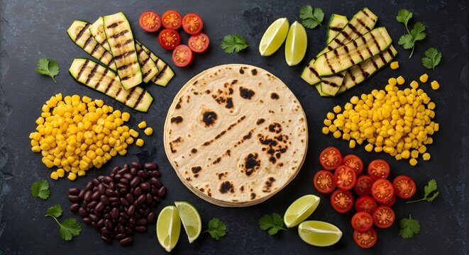 Deconstructed Vegan Taco Ingredients Flat Lay: Black Beans, Zucchini, Corn, Tomatoes on Stone, Vegetarian Day

 - Powered by Adobe