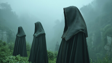 Naklejka premium Mysterious figures shrouded in dark cloaks in a foggy landscape during Halloween night