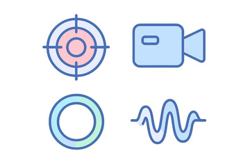 Digital interface elements including target, video camera, ring, and audio wave