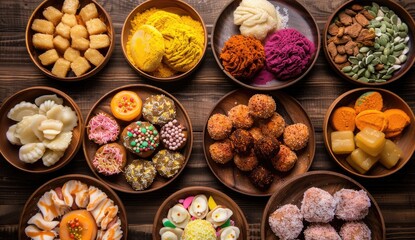 Fototapeta premium Variety desserts arranged on plates, wooden background, used in food magazine