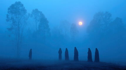 Six ghostly figures gather under a full moon in a foggy landscape for a Halloween celebration at midnight