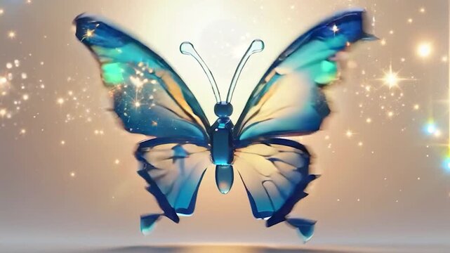 Animated Glass Butterfly with Sparkling Light Effects on a Gradient Background