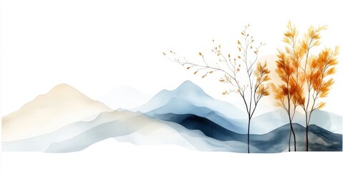 Serene Abstract Mountains with Soft Pastel Tones and Golden Autumn Trees in Minimalist Style