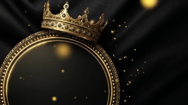 Ornate gold crown and frame on black background decorative design