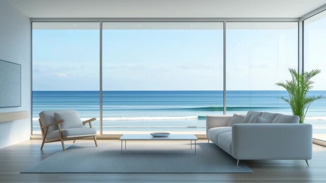 A modern living room features large windows showcasing a clear ocean view with calm waves and minimalist furnishings in soft colors