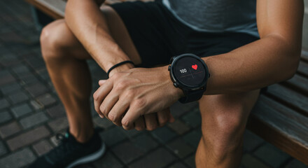 A man sitting on a bench shows his smartwatch displaying health data. Fitness tracker technology for healthy lifestyle.