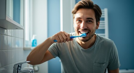A man brushes his teeth in the bathroom. Daily hygiene and dental care routine for a healthy lifestyle. Prevent tooth decay.