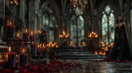 Fototapeta premium Gothic castle scene decorated for Halloween with candles and rose petals in a dark, atmospheric setting