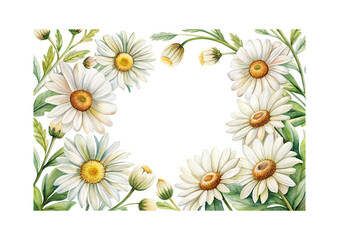 Fototapeta premium Watercolor Daisy Frame with Green Leaves and White Background for Invitations
