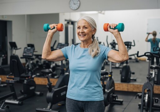 An elderly woman at the gym lifting small dumbbells in each hand