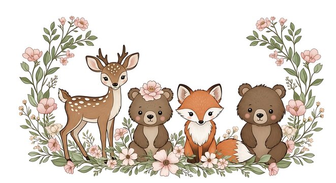 Charming Woodland Animals in Floral Frame Illustration. - Powered by Adobe
