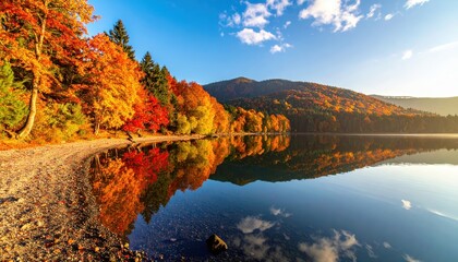 Brilliant autumn colors adorn the shoreline of a tranquil lake, reflecting the vibrant hues of the foliage and a partly cloudy sky above the forested mountains under a bright blue sky.