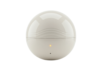 Modern beige spherical object isolated on transparent background, minimalist design with light indicator for home automation and smart technology