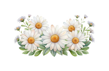 Fototapeta premium Elegant Watercolor Daisy Floral Arrangement with Lush Green Leaves and Petite Buds