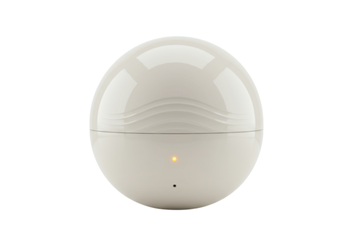Modern beige spherical object isolated on transparent background, minimalist design with light indicator for home automation and smart technology