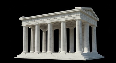 Obraz premium Greek and Roman temple with columns, an ancient marble architectural illustration. Vector design of pillars, Parthenon-style palace, and 3D classical structure on a dark background. 