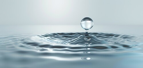 Water drop impacts water surface, creating ripples. Background plain. Purity use