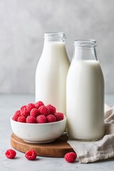 Product photography of two glass milk bottles filled with white milk and one bowl full of raspberries, on a light grey marble background.