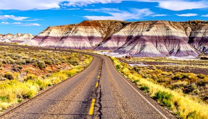 Winding road through colorful badlands