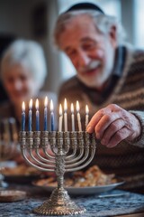 An old man lighting the Hanukkah candles of his family during the Jewish holiday.