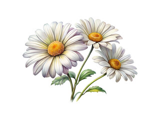 Fototapeta premium Watercolor painting of three lovely daisies with white petals and green leaves