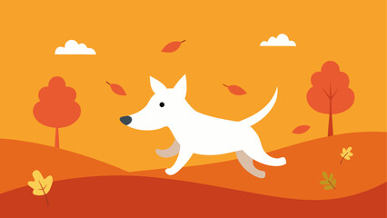 Dog running in autumn landscape with leaves