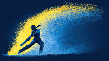 Determined woman cricket player hitting ball with powerful swing. Graphic of female athlete in dynamic action during sport competition