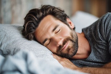 A man sleeping in his bed, morning time, close-up of the face, sleeping peacefully and contentedly, grey t-shirt, black hair with a beard.