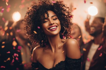 A beautiful woman with curly hair is having fun at the club, partying and dancing.