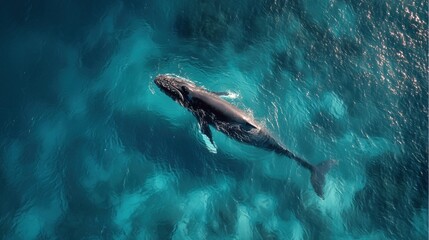 Drone image of a whale swimming in an ocean with clear waters.