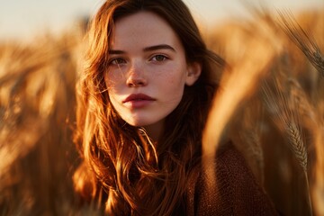 A beautiful girl with long hair stands in the wheat field. The wind blows through her hair, and the sun's rays shine on it.