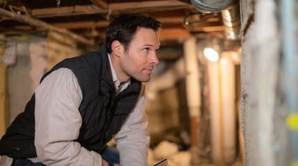 Home repair expert inspecting basement for potential issues during daylight hours