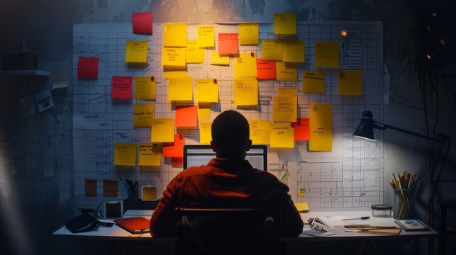 A person works diligently at a desk, surrounded by a wall densely covered with colorful sticky notes and technical drawings, illuminated by the glow of a laptop screen in a focused, low-light setting
