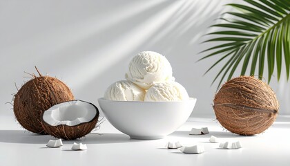 Refreshing scoops of creamy ice cream served in a white bowl, with fresh coconuts and coconut pieces arranged alongside, against a bright white backdrop, complemented by palm leaves.