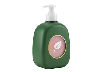 Green soap dispenser with leaf logo isolated on transparent background, liquid soap bottle for bathroom or kitchen PNG