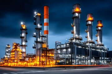 Obraz premium Oil refinery facility illuminating night sky producing energy