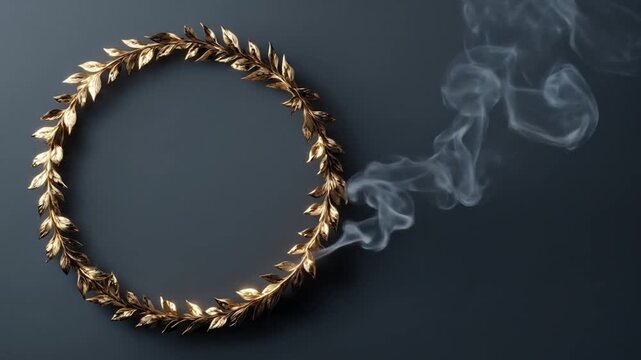 Golden wreath with leaves and smoke on a dark background conceptual design - Powered by Adobe