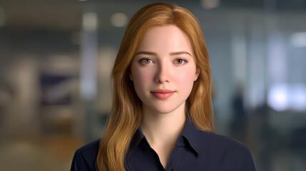 Confident professional woman in her thirties with red hair poses for portrait. Clean modern office background for corporate businesswoman