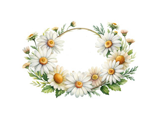 Fototapeta premium Watercolor daisy wreath with green leaves and blank center space for text