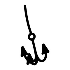 Fishing treble hook. Hand drawn doodle vector. Spinning equipment for catching fish seafood. Lake camping. Fishery gear. Line art illustration.
