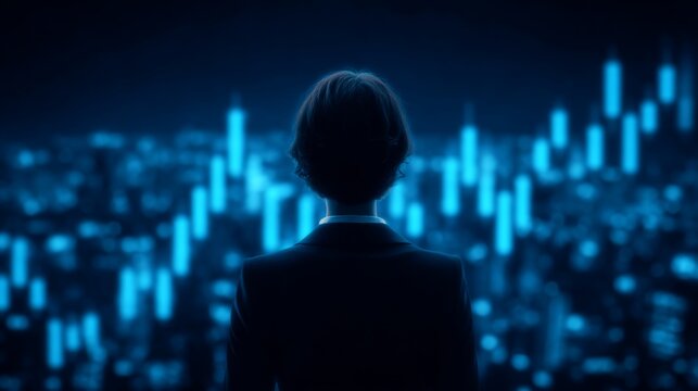 A businesswoman gazes at vibrant stock market charts envisioning strategic investment