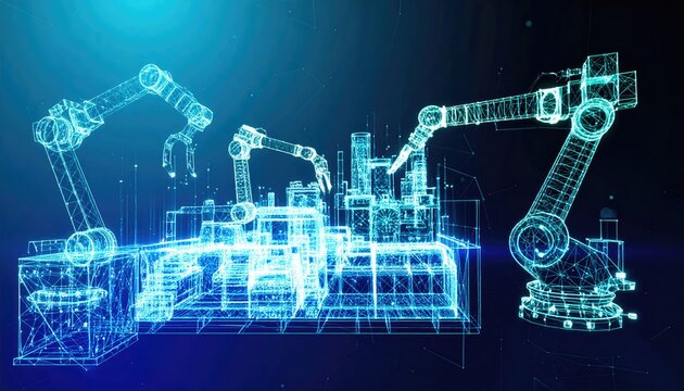 Automated Factory Robotic Arms Working; Digital Background; Futuristic Industry use