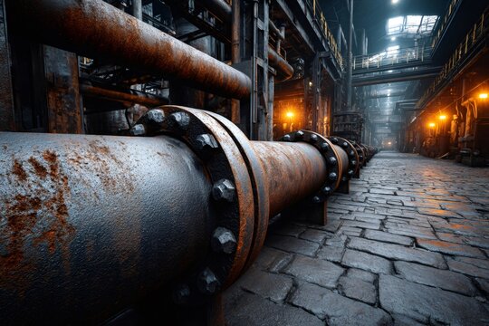 Rusty industrial pipeline extending through an abandoned factory building