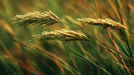 Calm close up of golden rice ear swaying in breeze in green field. Nature background of agriculture harvest time and organic food