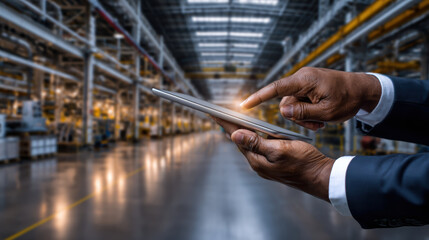 Focused engineer or manager hand using tablet for technology control and automation in modern smart factory industry background