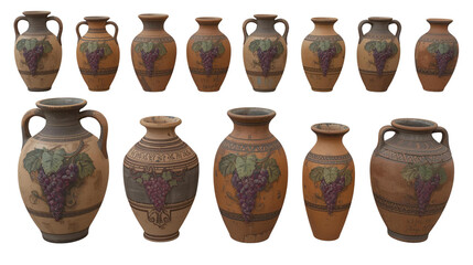 Wine Jar and Amphora Collection with Grape Motifs – Transparent Background