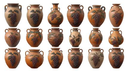 Wine Jar and Amphora Collection with Grape Motifs – Transparent Background